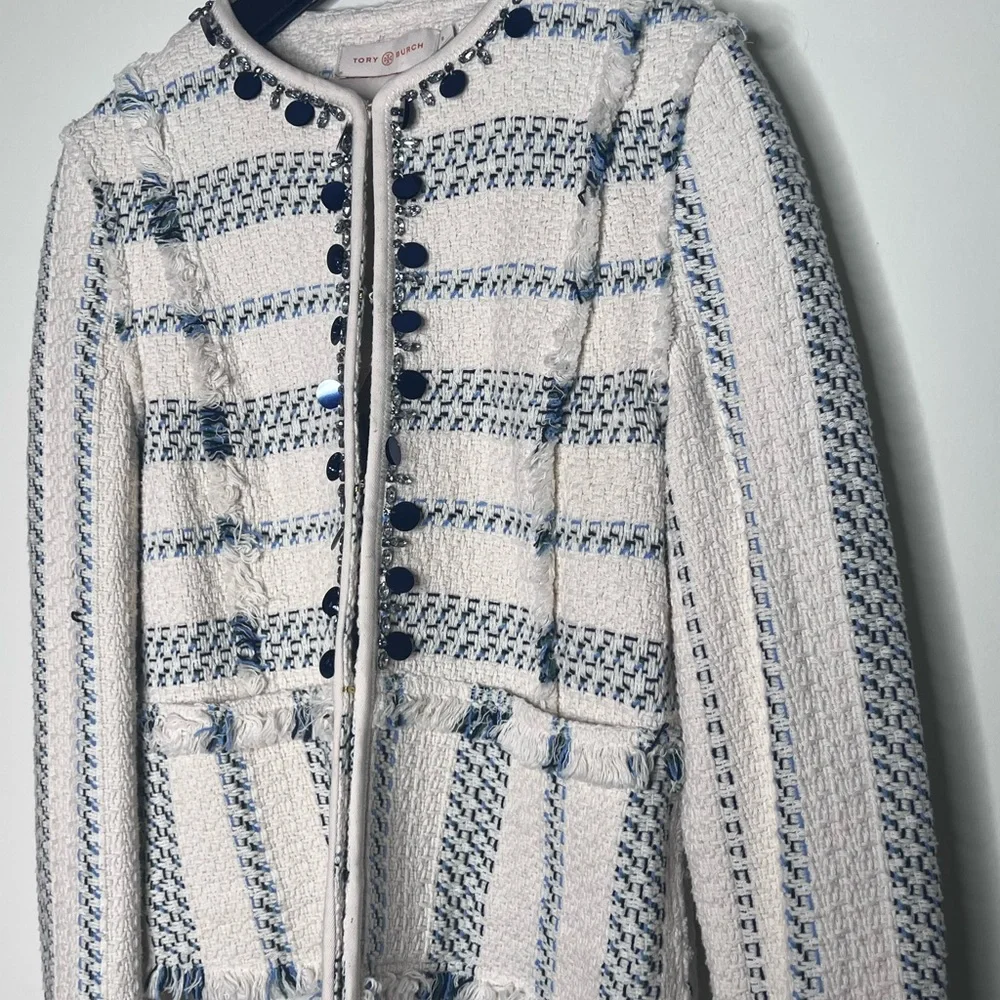 Tory Burch Abbot Embellished Striped Tweed Jacket XS - Picture 3 of 6